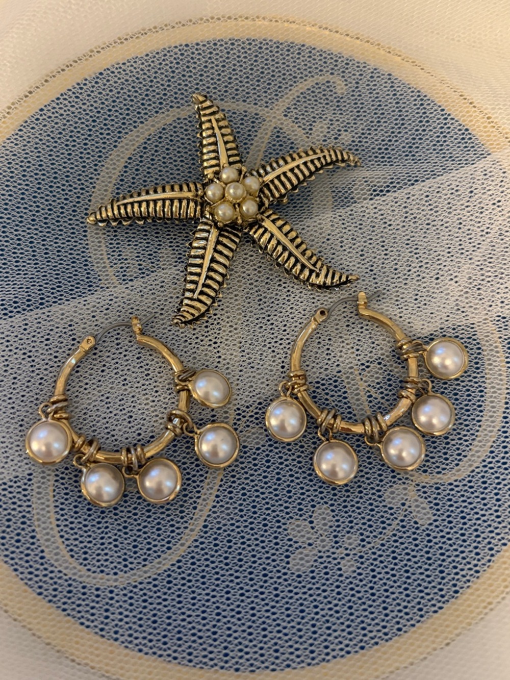 Gold Pearl Hoop Earrings and Starfish Brooch Set